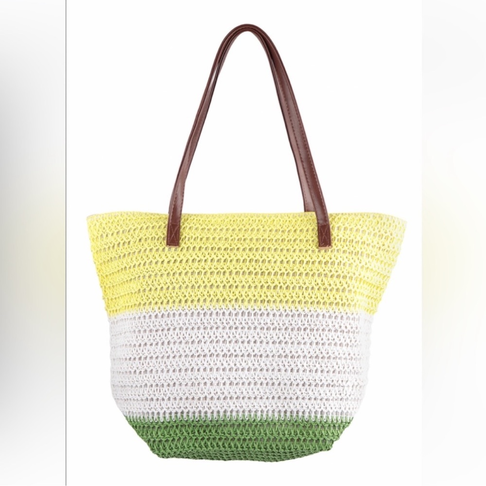 New Color Block Raffia Crochet Tote Bag With Zipper Closure